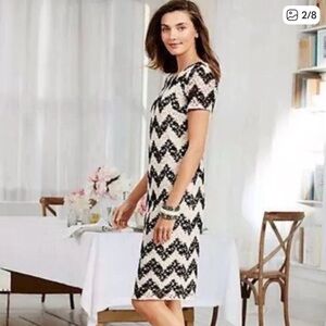 Talbots Chevron Patterned Black and Ivory Crochet Overlay Shift Dress Size 8